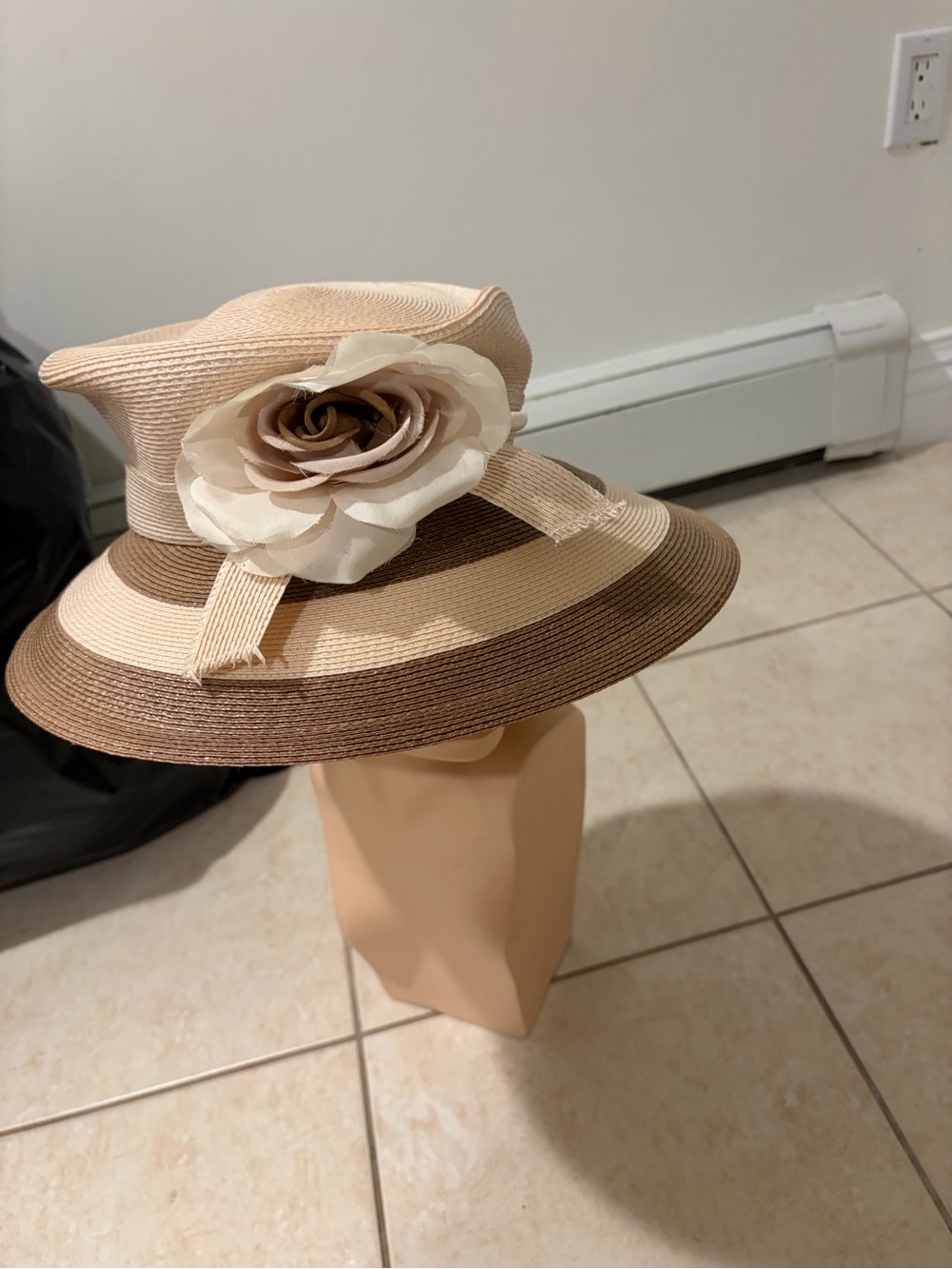 Gila Hat Creations NYC Wide Brim Flower Hat Beige Brown Women’s Dress Hat
